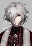  1boy artist_name buttons cigarette edmond_dantes_(fate) expressionless fate/grand_order fate_(series) grey_background grey_hair hair_over_one_eye looking_to_the_side male_focus mouth_hold parted_lips plaid plaid_shirt red_eyes red_shirt shirt short_hair simple_background smoke smoking solo teeth unagi_(nakaelric) upper_body white_undershirt 