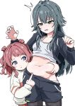  2girls belly belly_grab blue_eyes blush clothes_lift embarrassed gakuen_idolmaster green_eyes green_hair hanami_saki highres idolmaster jacket long_hair multiple_girls ohgi910 poking_belly red_hair shirt_lift shorts simple_background track_jacket tsukimura_temari white_background 