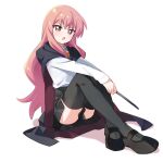  1girl :o arms_on_knees black_cape black_footwear black_skirt black_thighhighs cape commentary_request crossed_legs full_body haru_(konomi_150) holding holding_wand light_blush long_hair long_sleeves looking_at_viewer louise_francoise_le_blanc_de_la_valliere mary_janes open_mouth pink_eyes pink_hair pleated_skirt school_uniform shirt shoes simple_background sitting skirt solo thighhighs wand white_background white_shirt zero_no_tsukaima 