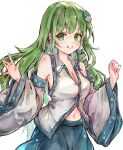  1girl absurdres blue_skirt breasts cleavage commentary_request detached_sleeves frog_hair_ornament green_eyes green_hair hair_ornament highres ikazuchi_akira kochiya_sanae long_hair navel shirt simple_background skirt snake_hair_ornament solo touhou white_background white_shirt wide_sleeves 