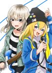  2girls absurdres black_choker black_shirt blonde_hair blue_eyes blue_jacket choker collarbone commentary_request crossover earrings girls_band_cry green_hair grey_eyes grey_hair hair_between_eyes highres hikakisyo holding holding_instrument holding_microphone holding_plectrum hood hood_down hoodie instrument jacket jewelry kawaragi_momoka long_hair long_sleeves making-of_available microphone multicolored_hair multiple_girls open_clothes open_jacket open_mouth partial_commentary pinky_out plectrum roots_(hair) shirt smile streaked_hair striped_clothes striped_shirt teeth upper_teeth_only white_hoodie yamanouchi_kano yoru_no_kurage_wa_oyogenai 