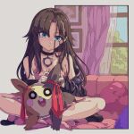  aqua_eyes black_choker black_hair black_jacket breasts choker cleavage curtains dress hair_down highres indoors jacket looking_at_viewer marnie_(pokemon) morpeko morpeko_(full) off_shoulder onamuzi_illust picture_frame pillow pink_dress pokemon pokemon_swsh red_ribbon ribbon window 