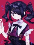  1girl ame-chan_(needy_girl_overdose) arm_at_side black_ribbon black_skirt blunt_bangs buttons grey_eyes hair_ornament hair_over_one_eye hand_up high-waist_skirt highres light_smile looking_at_viewer medium_hair neck_ribbon needy_girl_overdose no_nose o-ring_suspenders parted_lips pixel_art purple_shirt red_background ribbon ringed_eyes self-harm self-harm_scar shirt shizumu_(shi_zumu) short_sleeves simple_background sketch skirt solo sparkle suspender_skirt suspenders sweatdrop turtleneck twintails upper_body x_hair_ornament 