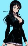  1girl black_dress black_hair blue_background blue_eyes blunt_bangs breasts cleavage cowboy_shot dress english_commentary highres instagram_username komatsuki_n leather_dress long_hair long_sleeves looking_at_viewer nico_robin one_piece simple_background smile solo twitter_username zipper 