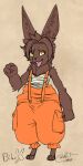  anthro bilac_(shangri-la_frontier) blokfort breasts brown_body brown_fur chest_wraps clothing female fist fur hi_res lagomorph leporid looking_at_viewer mammal open_mouth overalls rabbit short simple_background smile solo standing straps wraps yellow_eyes 