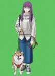  1girl absurdres alternate_costume black_footwear blunt_bangs closed_mouth dog fern_(sousou_no_frieren) glasses green_background hair_between_eyes highres holding holding_leash leash long_hair looking_at_viewer purple_eyes purple_hair shiren_(ourboy83) sidelocks simple_background solo sousou_no_frieren standing 