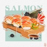  absurdres algenartwork animal bird creature fish food food_focus food_name highres no_humans original rice salmon soy_sauce sushi sushi_geta wasabi 