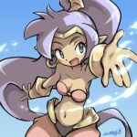 2022 breasts cleavage clothed clothing cloud day ear_piercing ear_ring female genie hair humanoid humanoid_pointy_ears long_hair looking_at_viewer navel not_furry open_mouth open_smile piercing ponytail purple_hair ring_piercing shantae shantae_(series) signature simple_background smile solo u-nagi wayforward