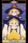  2girls :3 beji-kun black_capelet black_eyes black_gloves blonde_hair blue_eyes blush_stickers bow braid bright_pupils buttons capelet chestnut_mouth commentary_request cookie_(touhou) gloves hair_bow hat hat_bow highres kirisame_marisa looking_at_viewer meguru_(cookie) multiple_girls open_mouth purple_bow red_bow roman_numeral scarf short_hair single_braid smile star_(symbol) tarot tarot_(medium) the_star_(tarot) thick_eyebrows touhou upper_body white_pupils white_scarf witch_hat yuuhi_(cookie) 