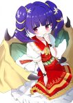  1girl :&gt; absurdres blunt_bangs blush dragon_girl dragon_wings dress fire_emblem fire_emblem:_the_sacred_stones fire_emblem_heroes flower from_side hair_flower hair_ornament hand_on_own_face highres layered_dress looking_at_viewer myrrh_(fire_emblem) myrrh_(valentine)_(fire_emblem) naoya_(naoya_ee) official_alternate_costume open_mouth puffy_short_sleeves puffy_sleeves purple_hair red_dress red_eyes short_sleeves skirt skirt_tug smile solo twintails white_background white_dress wings 
