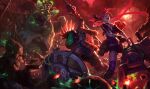  1girl 3boys :d bad_source black_shorts brand_(league_of_legends) brown_gloves chain-link_fence child colored_skin fence gatling_gun gloves green_skin grin gun holding holding_gun holding_polearm holding_shield holding_weapon jinx_(league_of_legends) league_of_legends long_hair long_sleeves mask medium_hair minigun multiple_boys nunu_(league_of_legends) official_art pantheon_(league_of_legends) polearm red_hair shield shorts smile teeth weapon willump zombie_brand zombie_nunu zombie_slayer_jinx zombie_slayer_pantheon 