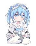  1girl :/ absurdres arahashi_tabi arm_cutout arm_pouch averting_eyes blue_bow blue_bowtie blue_eyes blue_hair blush bow bowtie closed_mouth collared_shirt commentary_request compass cropped_torso crossed_arms dot_nose double-parted_bangs goggles goggles_on_head highres hood hood_down hooded_jacket jacket long_sleeves medium_hair morphling_(artist) raised_eyebrows shirt sidelocks simple_background solo stellive thick_eyelashes twintails virtual_youtuber white_background white_jacket white_shirt 