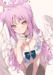  1girl 1yu_x absurdres angel_wings blue_archive blush breasts china_dress chinese_clothes cleavage closed_mouth cowboy_shot dress feathered_wings flower from_above hair_bun hair_flower hair_ornament halo highres large_breasts long_hair looking_at_viewer mika_(blue_archive) pink_hair pink_halo purple_flower short_sleeves simple_background single_side_bun solo white_background white_dress white_wings wings yellow_eyes 