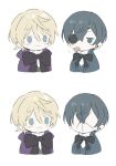  2boys :3 alois_trancy black_ribbon blonde_hair blue_eyes blue_hair blue_jacket blush_stickers cape chibi ciel_phantomhive collared_shirt earrings english_commentary eyepatch highres jacket jewelry jitome kuroshitsuji looking_at_another male_focus meme mob_face multiple_boys puckered_face purple_cape ribbon shirt short_hair simple_background thour_(meme) tongue tongue_out white_background white_shirt wormy_owo 