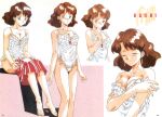  1990s_(style) 1girl absurdres arm_grab barefoot breasts brown_eyes brown_hair character_name cleavage closed_eyes clothes_pull earrings feet_out_of_frame highres jewelry kaori_(super_real_mahjong) lingerie mole mole_under_eye multiple_views non-web_source official_art page_number red_skirt retro_artstyle scan short_hair sitting skirt skirt_pull spaghetti_strap standing strap_slip super_real_mahjong tanaka_ryou underwear 