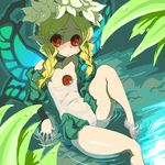  blonde_hair braid butterfly_wings fairy flower hair_flower hair_ornament hair_over_shoulder indee long_hair mercedes odin_sphere pointy_ears red_eyes solo twin_braids wet wings 