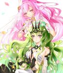  bare_shoulders breasts closed_eyes closed_mouth crown dress earrings elysia_(herrscher_of_human:ego)_(honkai_impact) elysia_(honkai_impact) eyepatch gloves green_eyes grey_hair hair_ornament happal9v6l head_wreath highres honkai_(series) honkai_impact_3rd jewelry klein_(honkai_impact) lab_coat long_hair mobius_(honkai_impact) multiple_girls petals pink_eyes pink_hair slit_pupils small_breasts smile very_long_hair wavy_hair white_gloves 