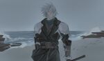  1boy aged_down arm_armor armor beach belt black_coat blue_sweater brown_belt coat dusk final_fantasy final_fantasy_vii final_fantasy_vii_ever_crisis footprints green_eyes grey_hair highres holding holding_sword holding_weapon lentymet male_focus muted_color ocean outdoors parted_lips pauldrons rock sad sand sephiroth short_hair shoulder_armor solo standing sweater sword turtleneck turtleneck_sweater upper_body waves weapon 