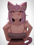  1girl absurdres ahoge animal_ear_fluff animal_ears black_tank_top breasts cat_ears cat_girl cat_tail cleavage cocomayo29_(tomato) heart heart-shaped_pupils highres hololive large_breasts looking_at_viewer medium_hair nekomata_okayu purple_eyes purple_hair smile solo symbol-shaped_pupils tail tank_top tongue tongue_out virtual_youtuber 