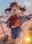  1girl :d antenna_hair aoi_sora_(pairan) armpits belt blue_shirt blush breasts brown_eyes brown_hair choppy_bangs collared_shirt commentary_request cowboy_shot denim denim_skirt dog grass hair_ornament hair_tie hairclip hand_out_of_frame highres lens_flare looking_at_viewer midriff_peek navel open_clothes open_shirt original outdoors outstretched_arms outstretched_hand pairan plaid plaid_shirt red_shirt shirt skirt small_breasts smile solo standing strap_slip sunset tank_top teeth twintails upper_teeth_only utility_pole wind wind_lift 