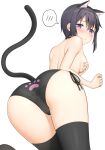  1girl animal_ears apollo_(hu_maple) ass back-print_panties bent_over black_choker black_hair black_thighhighs blush cat_ears cat_lingerie cat_tail choker closed_mouth commentary crotch_seam from_behind frown grabbing_own_breast half-closed_eyes highres leaning_forward looking_at_viewer looking_back meme_attire original panties paw_print print_panties purple_eyes short_hair side-tie_panties simple_background solo spoken_blush standing tail thigh_gap thighhighs topless underwear underwear_only white_background 