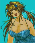  010sust 1girl aqua_background bare_shoulders blue_dress borrowed_character breasts brown_eyes brown_hair cleavage dress hair_ornament heart heart_hair_ornament highres large_breasts long_hair looking_at_viewer nanaco_(hott0g111) open_mouth original plaid plaid_dress simple_background smile solo twintails upper_body 