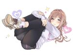  1girl black_leggings black_pants blue_eyes blush breasts brown_hair closed_mouth gakuen_idolmaster hair_bun hamedoragon himesaki_rinami hugging_own_legs idolmaster knees_to_chest knees_up large_breasts leggings legs_together legs_up long_hair long_sleeves looking_at_viewer lying on_back pants pants_under_shorts shirt shoes shorts simple_background single_side_bun smile sneakers socks solo white_background white_shirt white_socks 