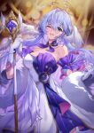  1girl bare_shoulders bracelet breasts cleavage detached_sleeves dress earrings facial_mark falling_feathers feather_boa feathers floating_hair gloves hair_between_eyes halo head_wings highres holding holding_staff honkai:_star_rail honkai_(series) jewelry long_hair looking_at_viewer one_eye_closed parted_lips purple_dress robin_(honkai:_star_rail) short_sleeves smile solo staff standing two-tone_dress usatorii white_dress white_gloves wings 