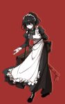  1girl apron black_hair bowing closed_eyes closed_mouth highres limbus_company long_sleeves maid maid_apron maid_headdress project_moon red_background ryoshu_(project_moon) sheath sheathed short_hair simple_background sol_phi_0721 solo suitcase sword weapon 
