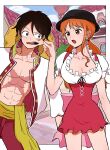  1boy 1girl absurdres annoyed back_bow bare_arms bare_legs black_hair black_hat blouse bow breasts cheek_pinching cleavage coat cross-laced_clothes dirndl frilled_shirt_collar frilled_skirt frilled_sleeves frills german_clothes hat high_collar highres large_breasts monkey_d._luffy nami_(one_piece) official_alternate_costume one_piece open_clothes open_shirt orange_hair outside_border pinching puffy_short_sleeves puffy_sleeves red_shorts sash scar scar_on_chest shirt short_sleeves shorts single_sidelock skirt straw_hat toned toned_male underbust white_coat white_shirt yellow_sash 