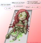  blush breasts dialog english_text female gore hair half-corpse human ikura-maru mammal open_mouth red_hair return_of_the_living_dead solo table text undead why zombie 