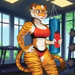 anthro athletic athletic_female athletic_wear big_breasts bottle breasts container felid feline female ferinexia fur gym hi_res holding_object mammal multicolored_body multicolored_fur nadine_(grizzlygus) open_mouth orange_body orange_fur pantherine pink_nose punching_bag red_tongue solo tail thick_thighs tiger tongue treadmill water_bottle weight_rack