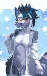  anthro canid canine canis clothing female fur hair hi_res mammal max_fresnel simple_background smile solo tail wolf 