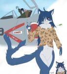 absurd_res aircraft airplane anthro blue_body blue_fur blue_hair clothed clothing domestic_cat english_text felid feline felis fur gesture hair hand_gesture hi_res japan_air_self-defense_force long_hair male mammal omaneko_(jasdf) savo simple_background smile solo tail text v_sign vehicle white_body white_fur