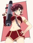  1girl absurdres benten_(urusei_yatsura) breasts chain earrings green_eyes hand_on_own_hip highres jewelry looking_at_viewer medium_breasts midriff nao_suke navel red_hair short_hair smile solo urusei_yatsura weapon 