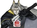  1boy antangonist arknights beard facial_hair hair_wings hellagur_(arknights) highres jacket kagurabachi_pose_(meme) long_hair long_sleeves meme old old_man scabbard sheath simple_background sword weapon white_background white_hair 