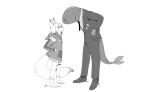  1boy 1girl animal_ears dragon_ball dragon_ball_z fins fish_boy fish_tail fox_ears fox_girl fox_tail from_side full_body greyscale h2osakana hands_on_own_hips height_difference jacket looking_at_another moist_owlette monochrome necktie pants parody phase_connect signature stare_down suit tail tenma_maemi virtual_youtuber 