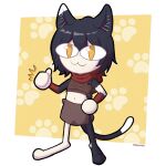  1girl :3 animal_ears armor black_hair body_fur cat_ears cat_girl cat_tail cosplay dungeon_meshi highres izutsumi izutsumi_(cosplay) leather_armor looking_at_viewer meowmei navel neco-arc red_scarf scarf solo tail thumbs_up tsukihime yellow_eyes 
