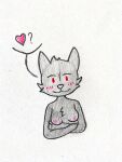 absurd_res anthro blush breasts crossed_arms domestic_cat felid feline felis female fur grey_body grey_fur heart_symbol hi_res humanoid looking_at_viewer mammal nipples nude question_mark red_eyes rilo_roshigan simple_background smile solo traditional_media_(artwork)