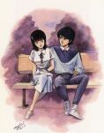  1980s_(style) 1986 1boy 1girl bench black_hair closed_eyes couple dated dress fa_yuiry good_end gundam highres jewelry kamille_bidan kitazume_hiroyuki necklace official_art park promotional_art retro_artstyle scan shoes signature sitting skirt sneakers sweater traditional_media zeta_gundam 