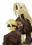  2b_(nier:automata) 2b_(nier:automata)_(cosplay) 2boys 9s_(nier:automata) 9s_(nier:automata)_(cosplay) allois back_cutout black_blindfold black_jacket blindfold blonde_hair cleavage_cutout clothing_cutout cloud_strife cosplay covered_eyes english_commentary feather-trimmed_sleeves final_fantasy final_fantasy_vii grey_hair highres jacket juliet_sleeves leotard long_hair long_sleeves male_focus multiple_boys nier:automata nier_(series) puffy_sleeves sephiroth short_hair sleeved_leotard smile spiked_hair turtleneck turtleneck_leotard very_long_hair white_background 