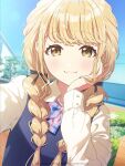  1girl :3 blonde_hair blue_sweater_vest blush bow bowtie braid chain-link_fence copyright_notice cropped fence fujita_kotone gakuen_idolmaster hair_ribbon hand_on_own_cheek hand_on_own_face hatsuboshi_gakuen_school_uniform highres idolmaster light_smile long_hair long_sleeves looking_at_viewer official_art outdoors plaid plaid_bow plaid_bowtie ribbon school_uniform selfie shirt solo sweater_vest twin_braids upper_body white_shirt yellow_eyes 