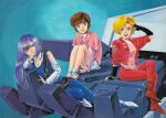  1980s_(style) 3girls blonde_hair blue_eyes blue_hair boots brown_hair character_request dress elle_vianno fingerless_gloves gloves gundam gundam_zz hime_cut jacket kitazume_hiroyuki leina_ashta machinery mecha mechanical_arms mobile_suit multiple_girls painting_(medium) ponytail retro_artstyle robot roux_louka scan science_fiction shoes single_mechanical_arm sneakers traditional_media zeta_gundam_(mobile_suit) zz_gundam 