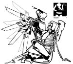 album_cover ambiguous/ambiguous ambiguous_gender armor black_and_white blush blush_lines bone cover duo hand_on_leg hand_on_thigh headgear headgear_only helmet helmet_only holding_face humanoid lenoxxx looking_at_another machine monochrome motion_outline mysterious_druid_knight new_blood_interactive on_lap robot robot_humanoid skeleton ultrakill v1_(ultrakill)