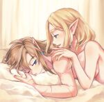 bed bed_sheet bedding blue_eyes breasts clothing duo ear_piercing ear_ring elf female fingers furniture hair heart_symbol hi_res humanoid humanoid_pointy_ears hylian light_body light_skin link long_hair male male/female mori_lz nintendo not_furry open_mouth piercing pillow princess_zelda ring_piercing side_boob simple_background the_legend_of_zelda