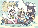  3girls animal_ears bag belt black_hair bow bowtie brown_eyes elbow_gloves extra_ears food gloves grey_hair kemono_friends kuro_shiro_(kuro96siro46) long_hair lucky_beast_(kemono_friends) malayan_tapir_(kemono_friends) multiple_girls outdoors pantyhose robot shirt shoes short_hair shorts skirt sleeveless sleeveless_shirt southern_tamandua_(kemono_friends) sweater sweets tail thighhighs white_hair white_serval_(kemono_friends) 