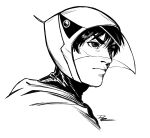  1boy cape dave_rapoza english_commentary gatchaman helmet ink_(medium) ken_the_eagle looking_ahead male_focus monochrome portrait scan science_fiction serious signature sketch traditional_media uniform western_comics_(style) white_background 