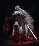  armor aurora azure_meraki black_armor black_background blood breastplate cape check_gender closed_eyes gauntlets highres long_hair original pauldrons shoulder_armor simple_background solo sword very_long_hair weapon white_background 