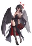  1girl 1yu_x absurdres alternate_costume black_dress black_footwear black_hair black_thighhighs black_wings blue_archive breasts cleavage closed_mouth dress feathered_wings halo hasumi_(blue_archive) highres huge_breasts long_hair looking_at_viewer mole mole_under_eye red_eyes red_halo shoes solo thighhighs transparent_background very_long_hair wings 