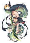  1girl animal_ear_fluff animal_ears black_footwear black_gloves black_thighhighs breasts cleavage commentary_request fingerless_gloves full_body gloves green_eyes green_hair highres holding holding_sword holding_weapon jacket kuromiya kuromiya_raika large_breasts long_hair long_sleeves looking_at_viewer multicolored_hair orange_hair original shoes simple_background solo sword thighhighs two-tone_hair upside-down weapon white_background white_jacket 